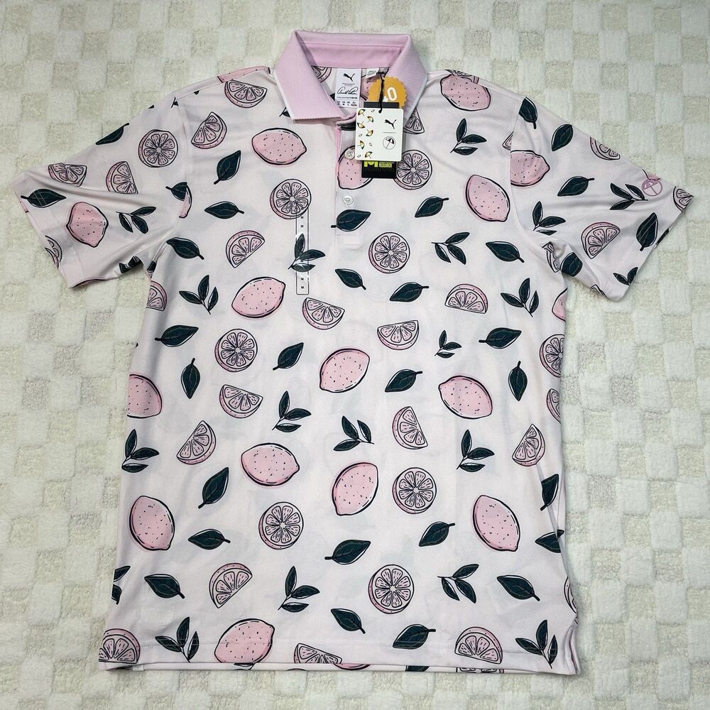Puma x Arnold Palmer Men Medium Pale Pink Lemonade Golf Button Polo UPF40 MATTR
